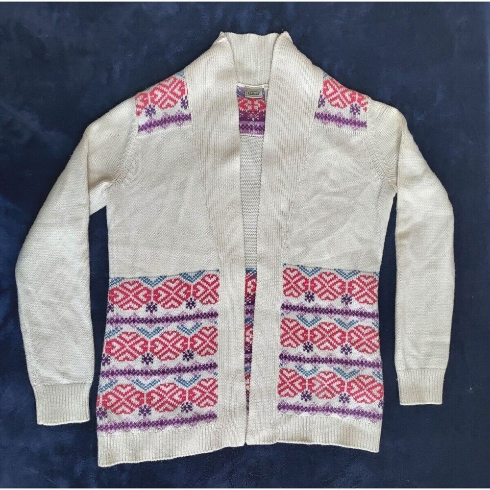 Girls LL Bean Ivory W/Pastel Colors Mid Thigh Cardigan Sweater Size L (14-16)